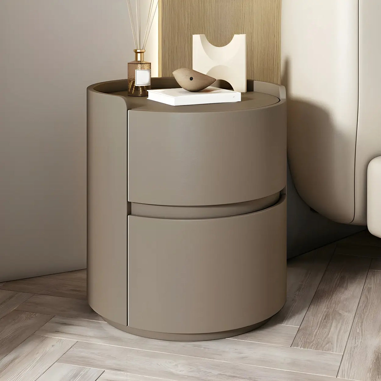 Simple Round Wood Off-White Drawer Storage Nightstand Image - 14