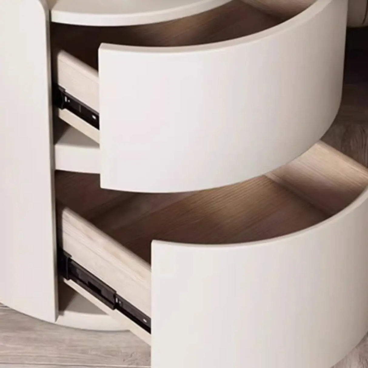 Simple Round Wood Off-White Drawer Storage Nightstand Image - 15