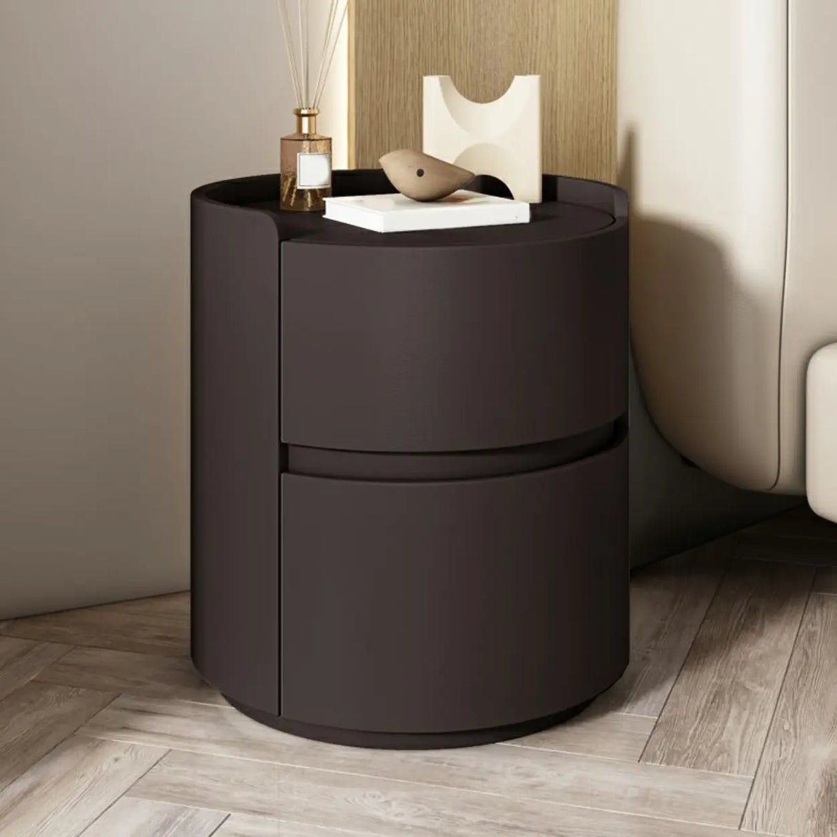 Simple Round Wood Off-White Drawer Storage Nightstand Image - 16