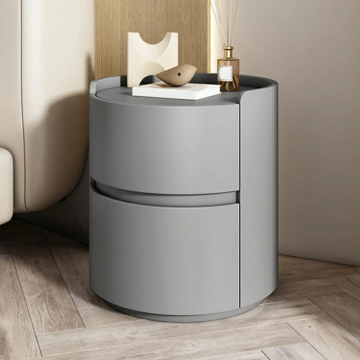 Simple Round Wood Off-White Drawer Storage Nightstand Image - 19