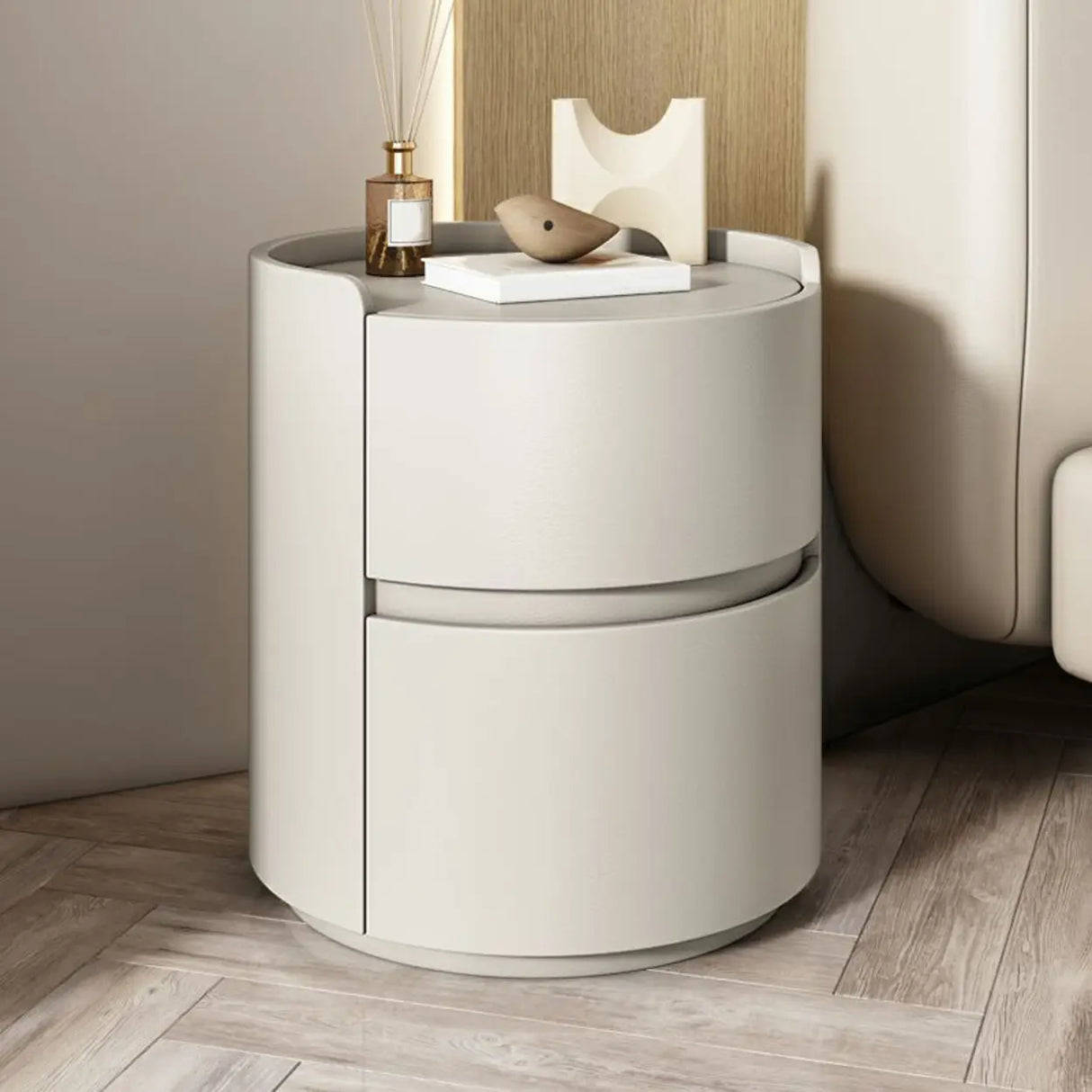 Simple Round Wood Off-White Drawer Storage Nightstand Image - 2