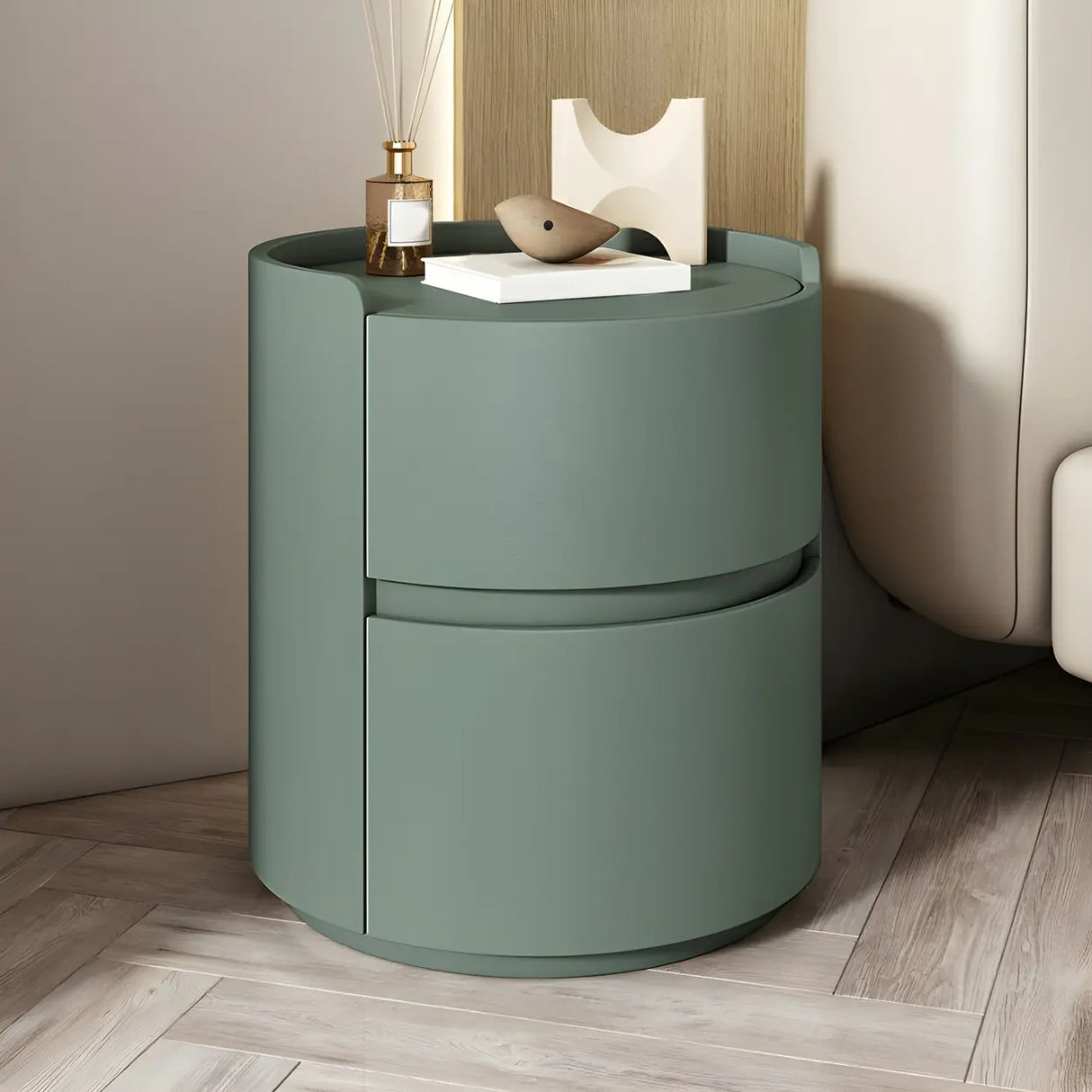 Simple Round Wood Off-White Drawer Storage Nightstand Image - 20