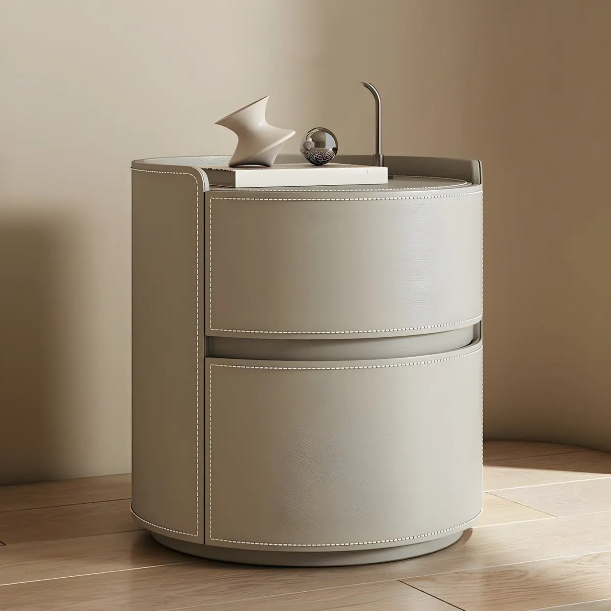 Simple Round Wood Off-White Drawer Storage Nightstand Image - 21