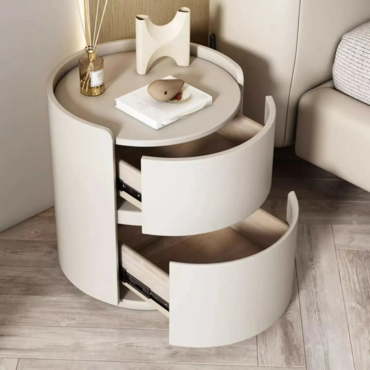 Simple Round Wood Off-White Drawer Storage Nightstand Image - 22