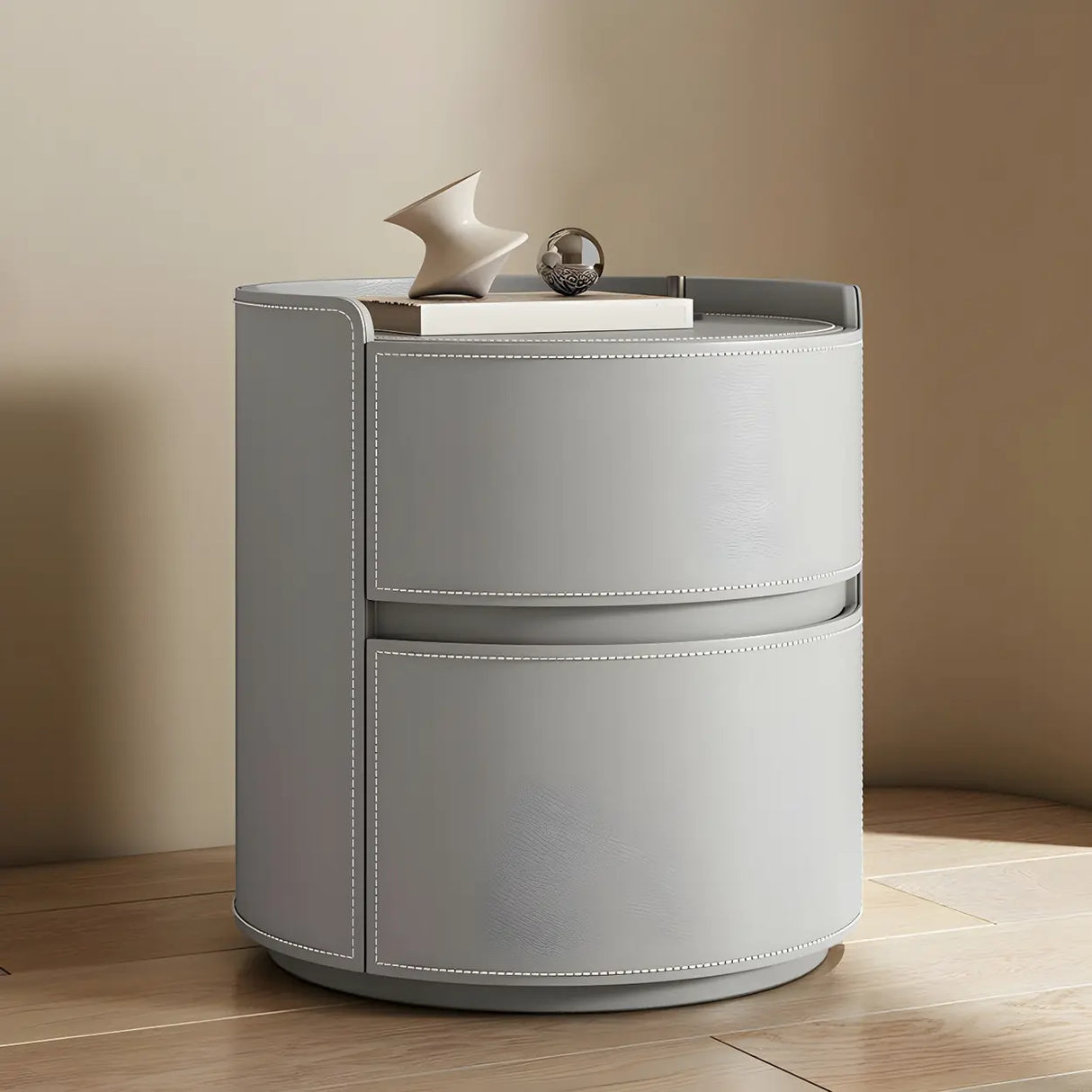 Simple Round Wood Off-White Drawer Storage Nightstand Image - 23