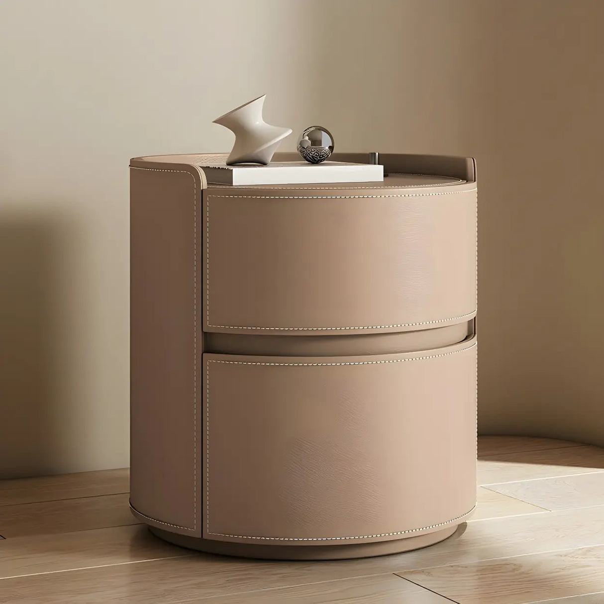 Simple Round Wood Off-White Drawer Storage Nightstand Image - 24