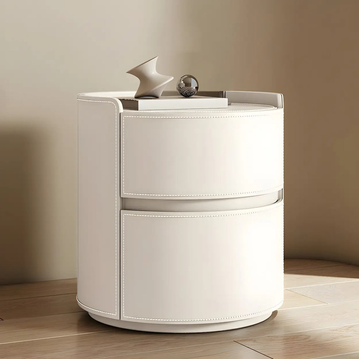 Simple Round Wood Off-White Drawer Storage Nightstand Image - 25