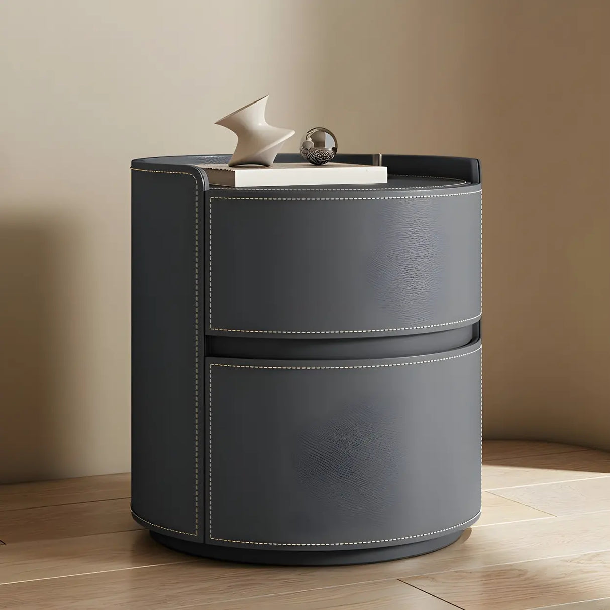 Simple Round Wood Off-White Drawer Storage Nightstand Image - 26