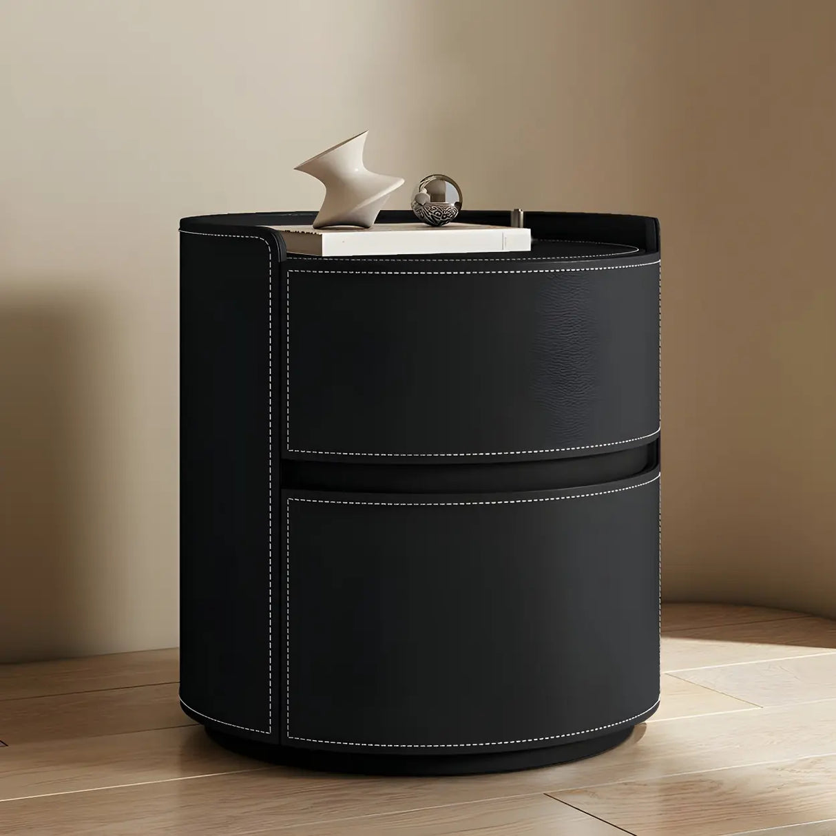 Simple Round Wood Off-White Drawer Storage Nightstand Image - 28