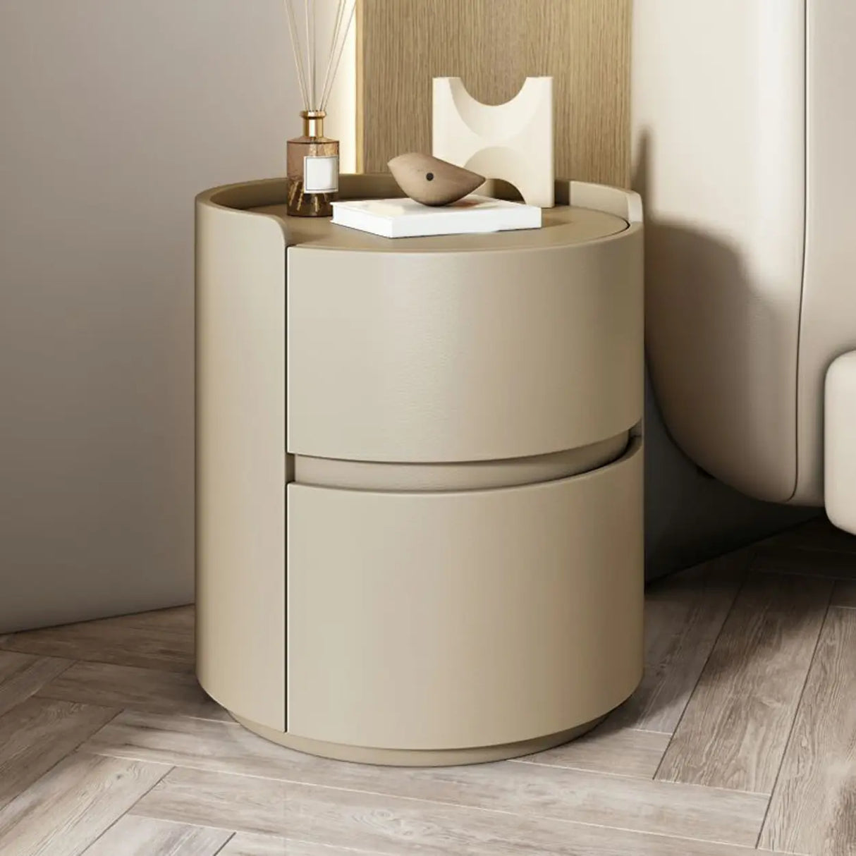 Simple Round Wood Off-White Drawer Storage Nightstand Image - 3