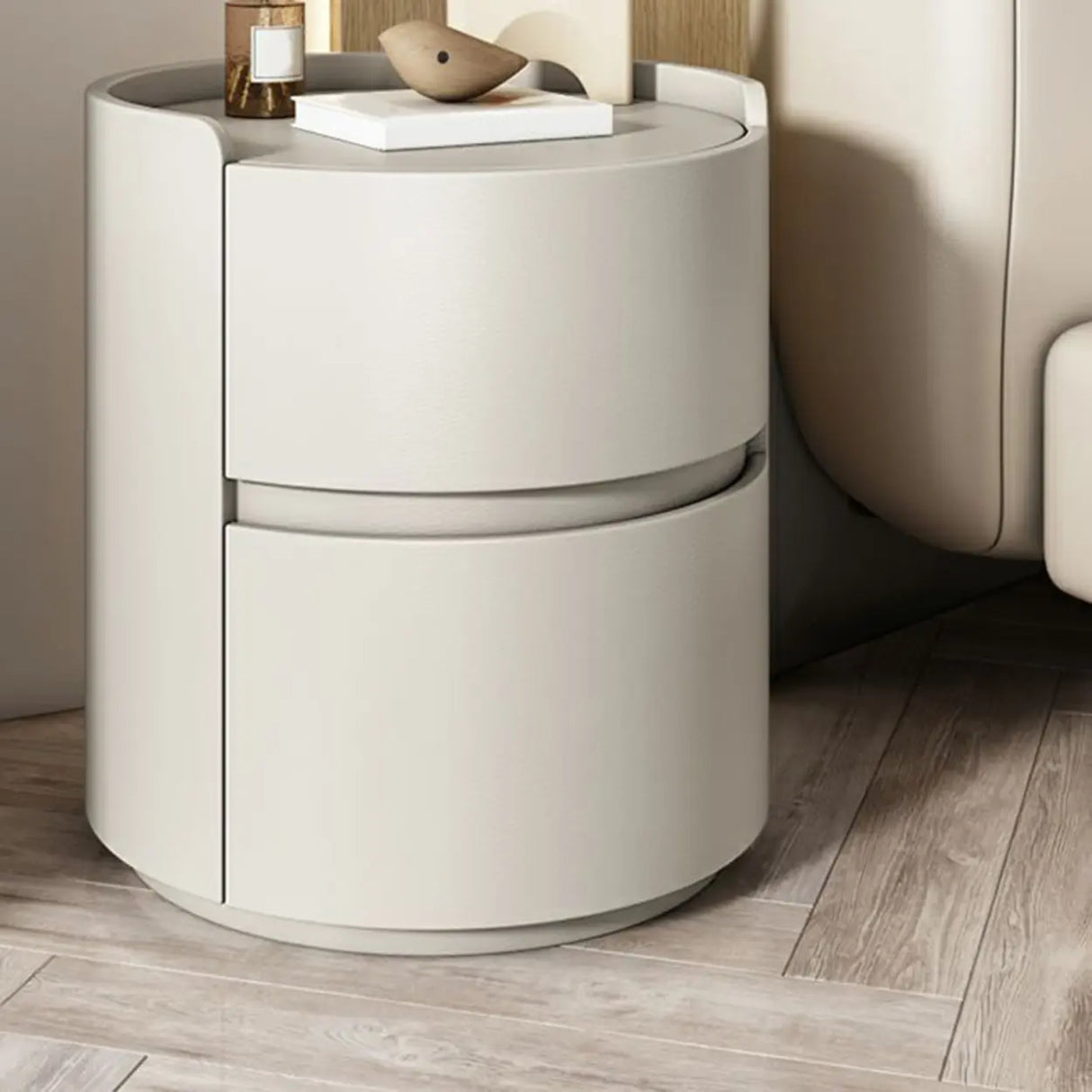 Simple Round Wood Off-White Drawer Storage Nightstand Image - 30