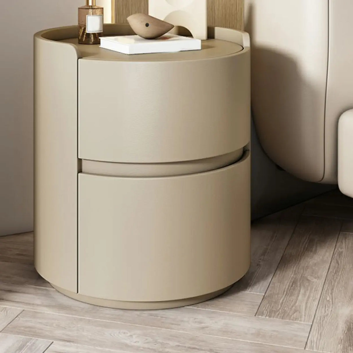 Simple Round Wood Off-White Drawer Storage Nightstand Image - 31