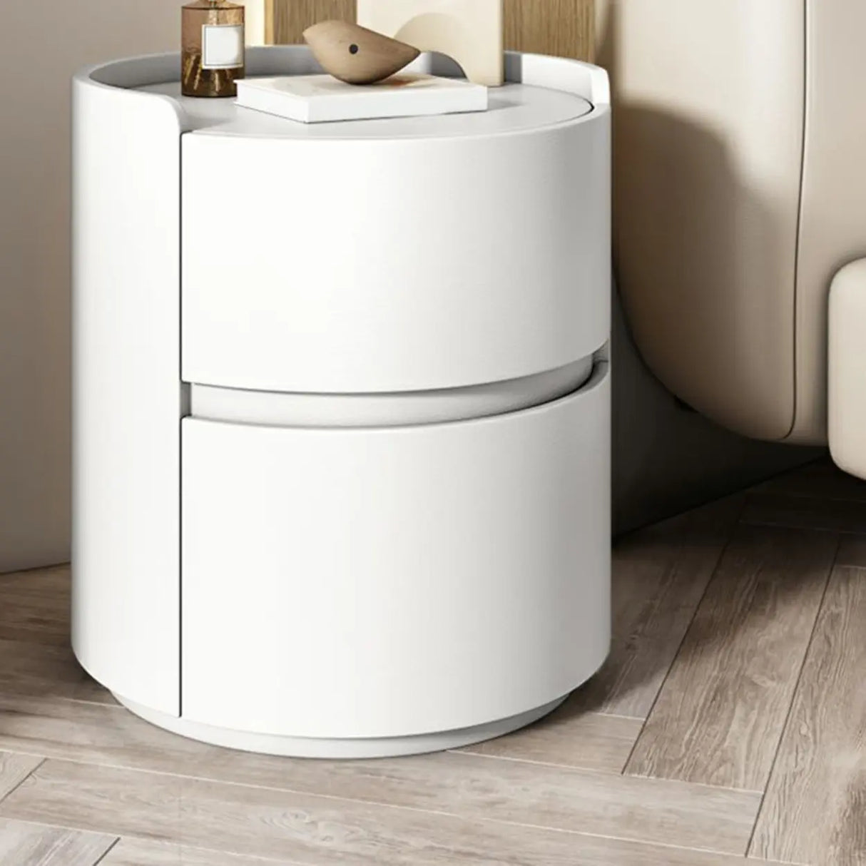 Simple Round Wood Off-White Drawer Storage Nightstand Image - 32