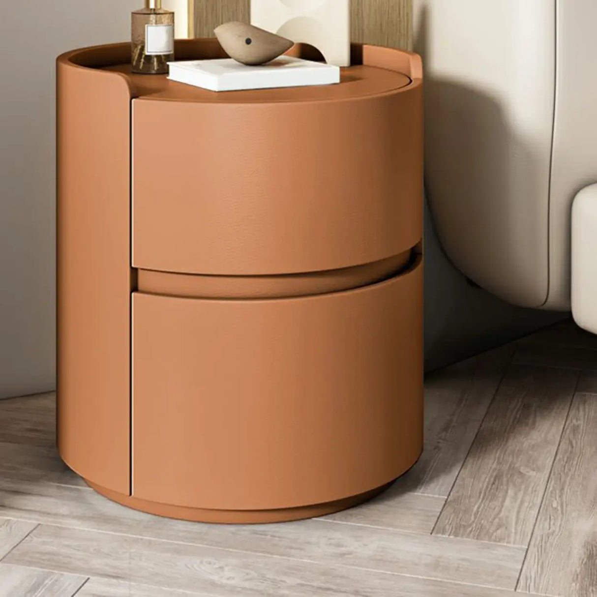 Simple Round Wood Off-White Drawer Storage Nightstand Image - 33