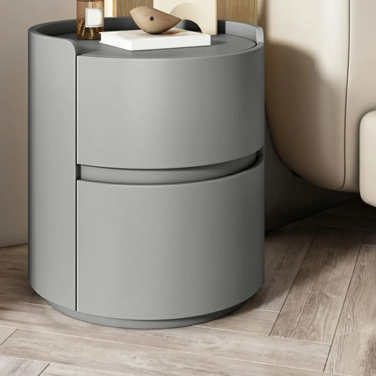 Simple Round Wood Off-White Drawer Storage Nightstand Image - 34