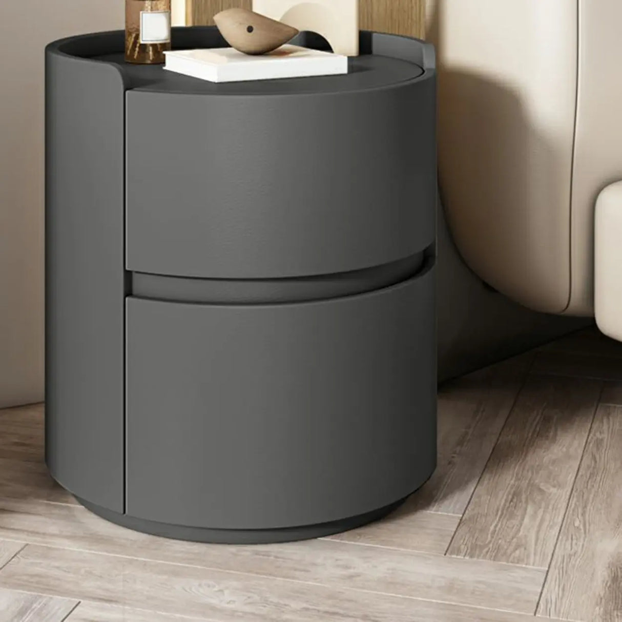 Simple Round Wood Off-White Drawer Storage Nightstand Image - 35