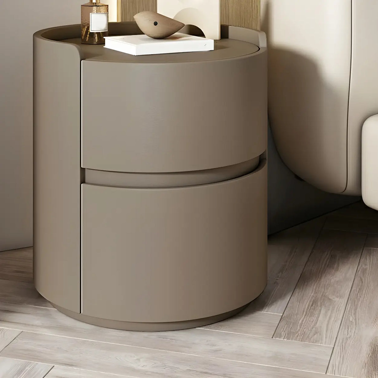 Simple Round Wood Off-White Drawer Storage Nightstand Image - 36