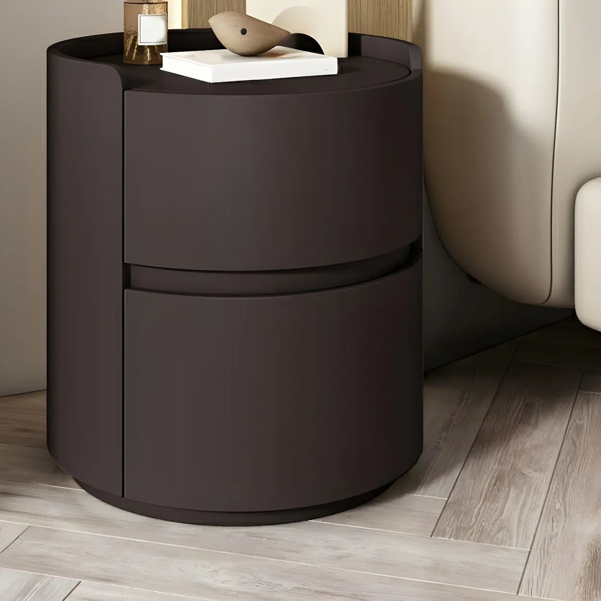 Simple Round Wood Off-White Drawer Storage Nightstand Image - 37