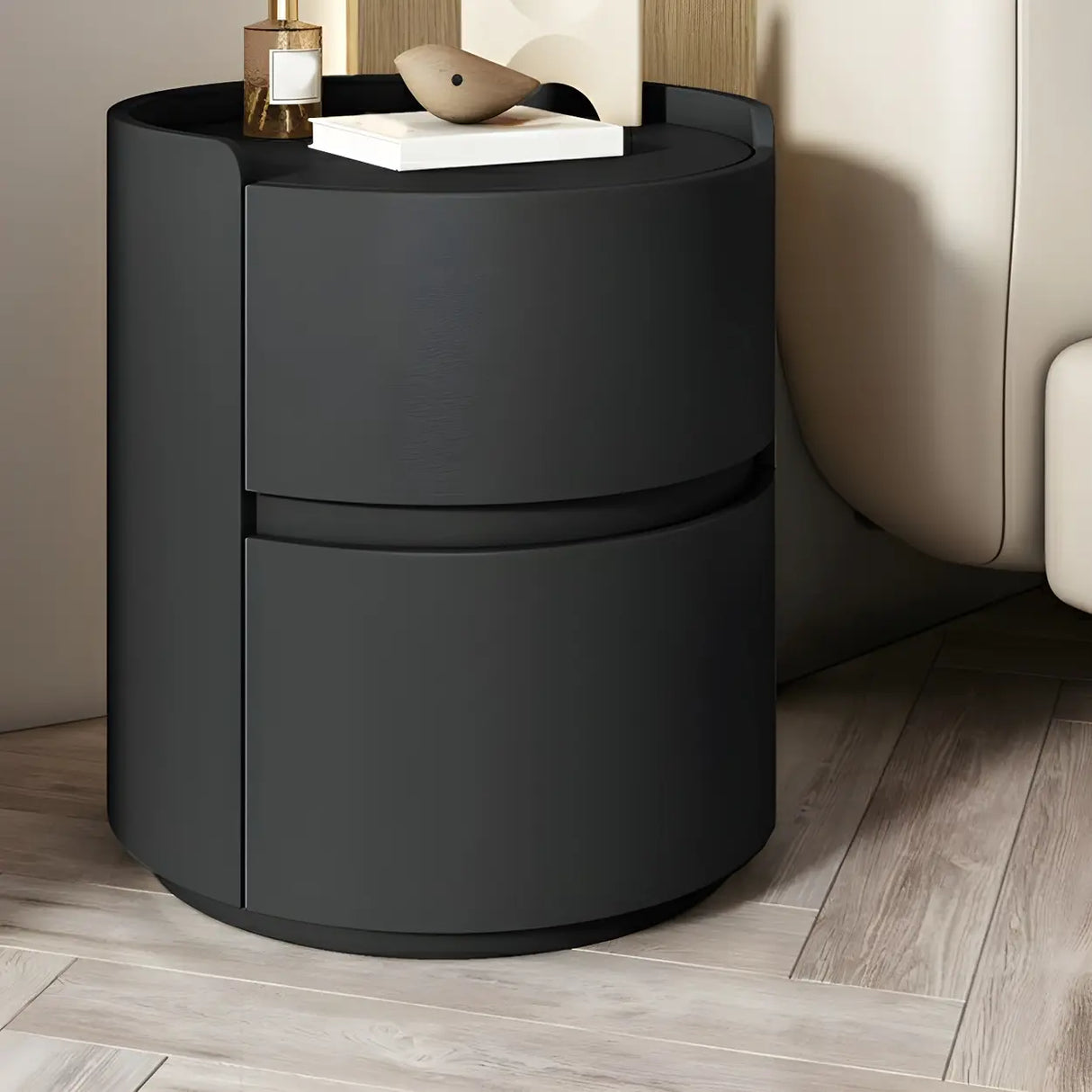 Simple Round Wood Off-White Drawer Storage Nightstand Image - 38