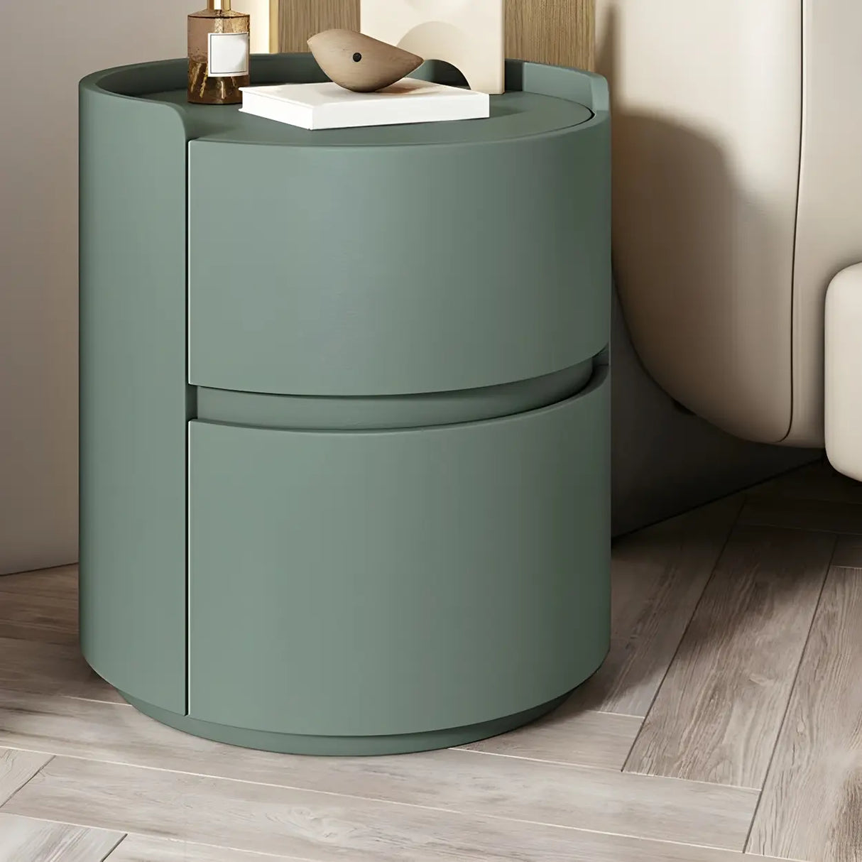 Simple Round Wood Off-White Drawer Storage Nightstand Image - 39