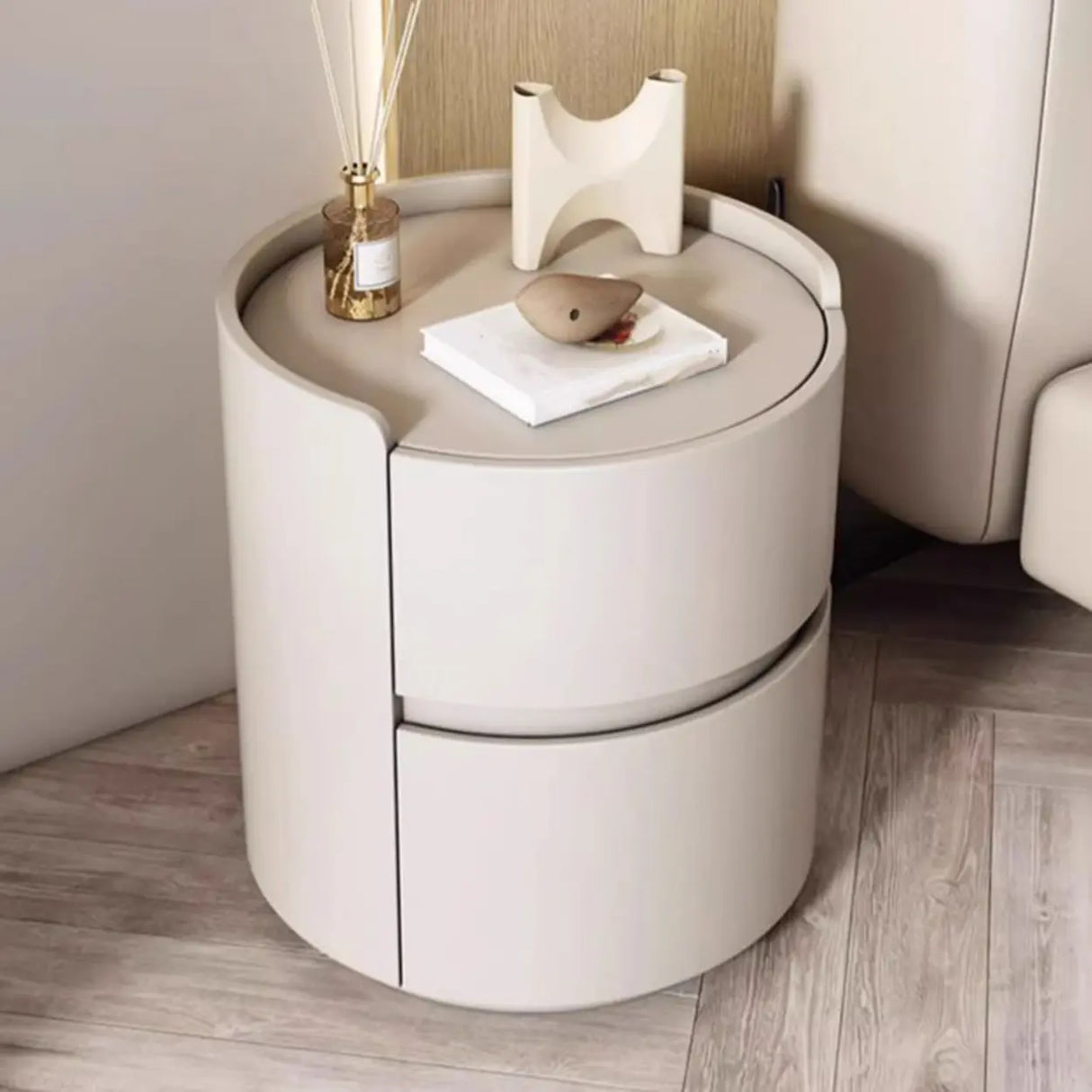 Simple Round Wood Off-White Drawer Storage Nightstand Image - 4