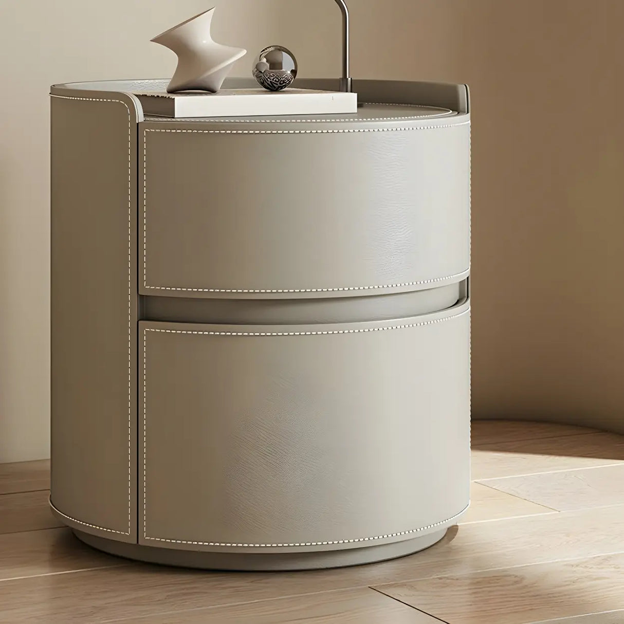 Simple Round Wood Off-White Drawer Storage Nightstand Image - 40