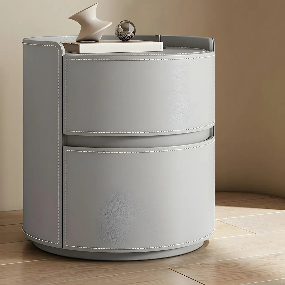 Simple Round Wood Off-White Drawer Storage Nightstand Image - 41