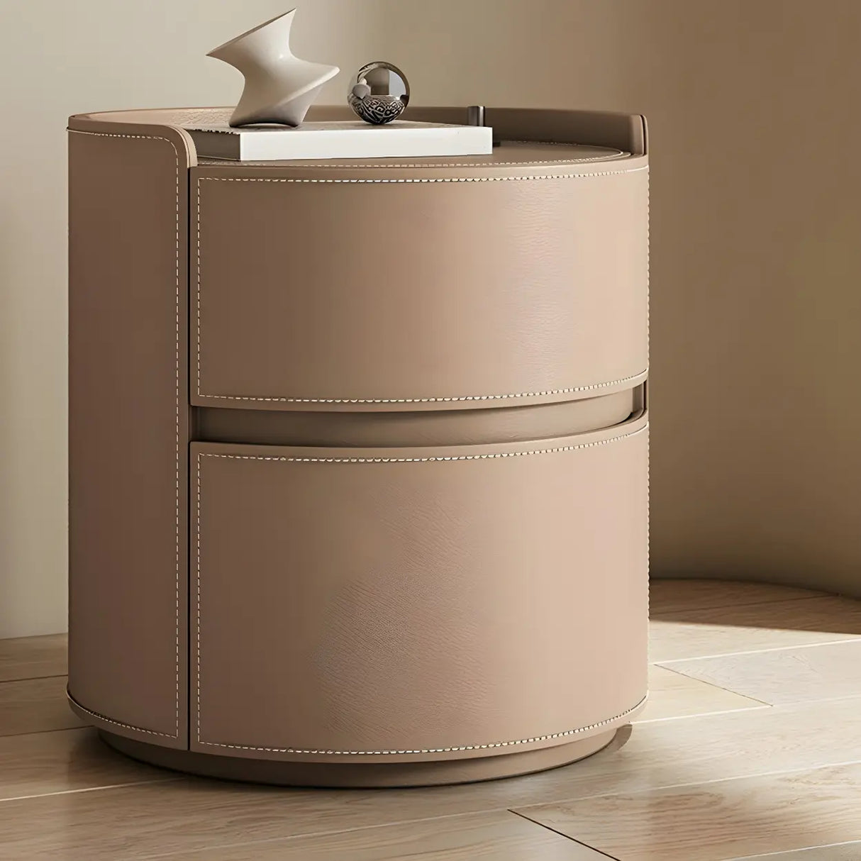 Simple Round Wood Off-White Drawer Storage Nightstand Image - 42