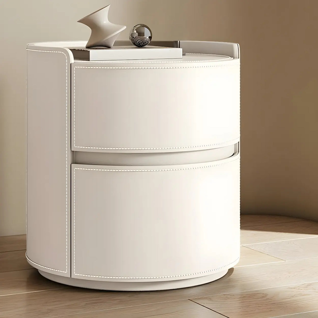 Simple Round Wood Off-White Drawer Storage Nightstand Image - 43