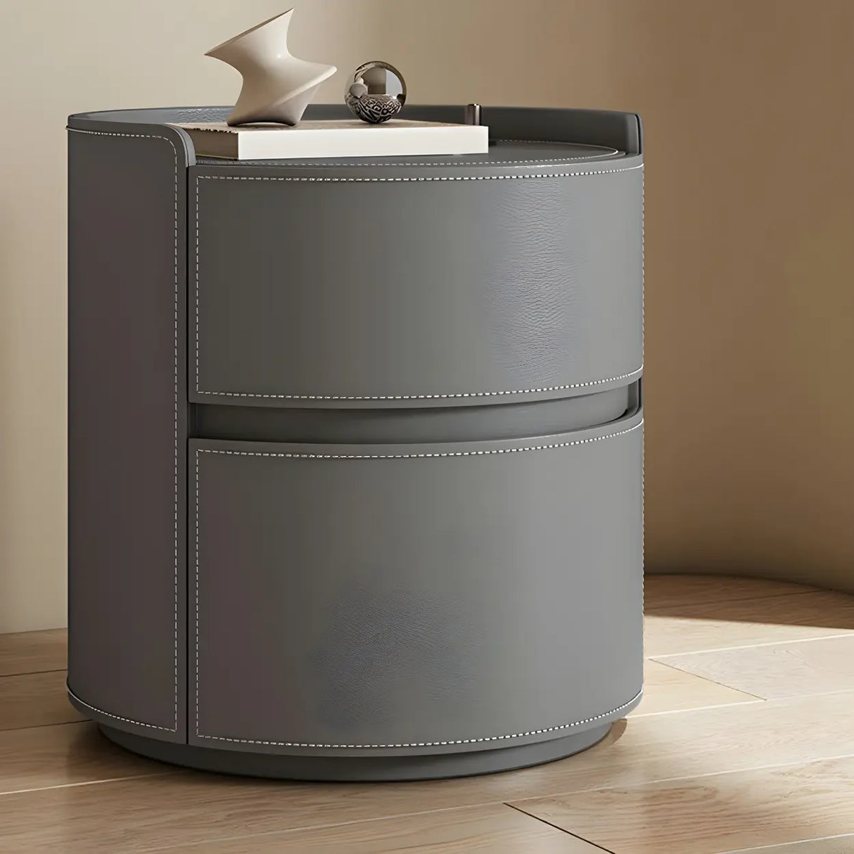 Simple Round Wood Off-White Drawer Storage Nightstand Image - 44