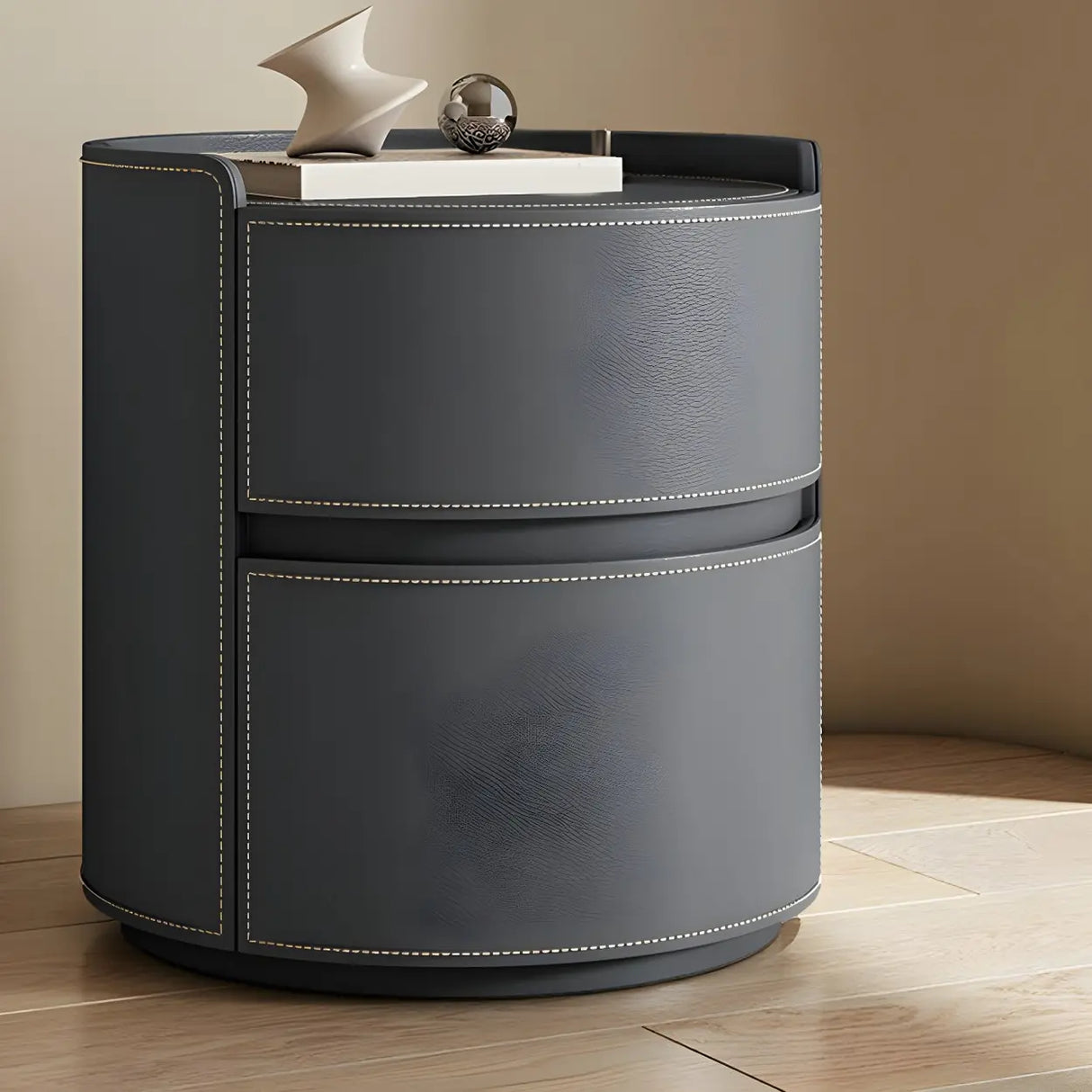 Simple Round Wood Off-White Drawer Storage Nightstand Image - 45