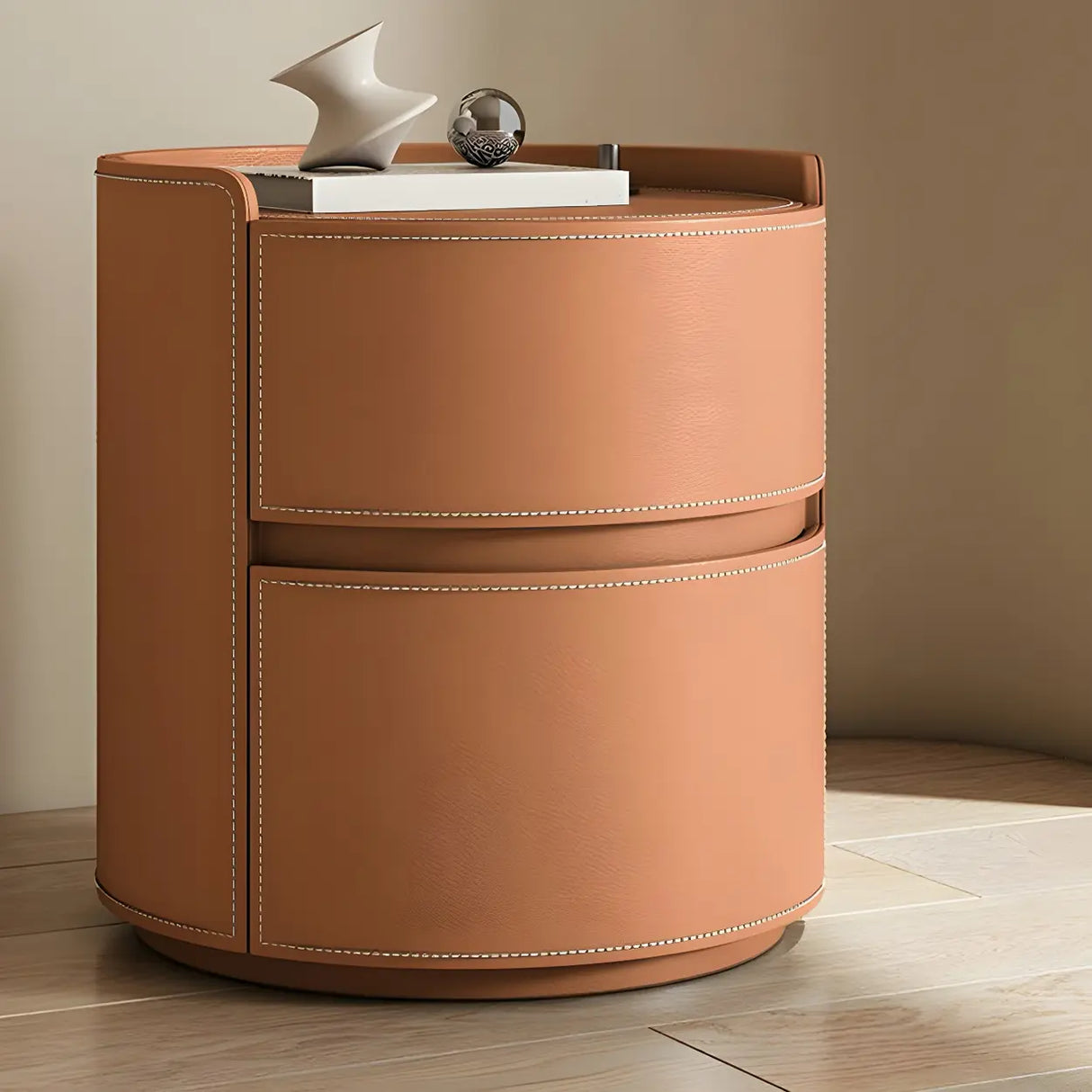 Simple Round Wood Off-White Drawer Storage Nightstand Image - 46