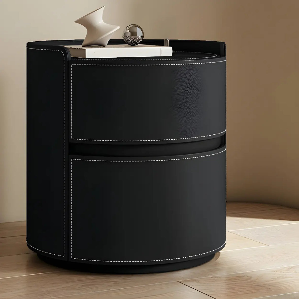 Simple Round Wood Off-White Drawer Storage Nightstand Image - 47