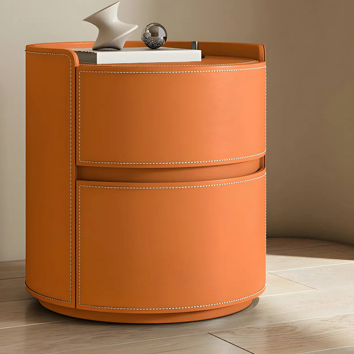 Simple Round Wood Off-White Drawer Storage Nightstand Image - 48