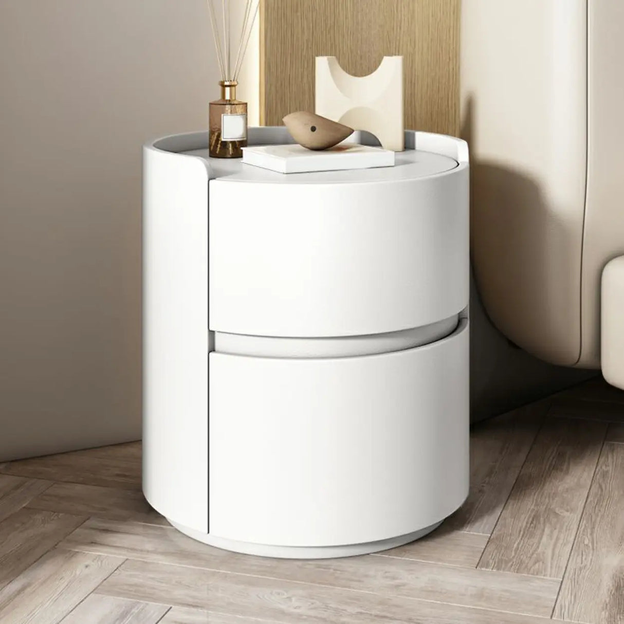 Simple Round Wood Off-White Drawer Storage Nightstand Image - 5