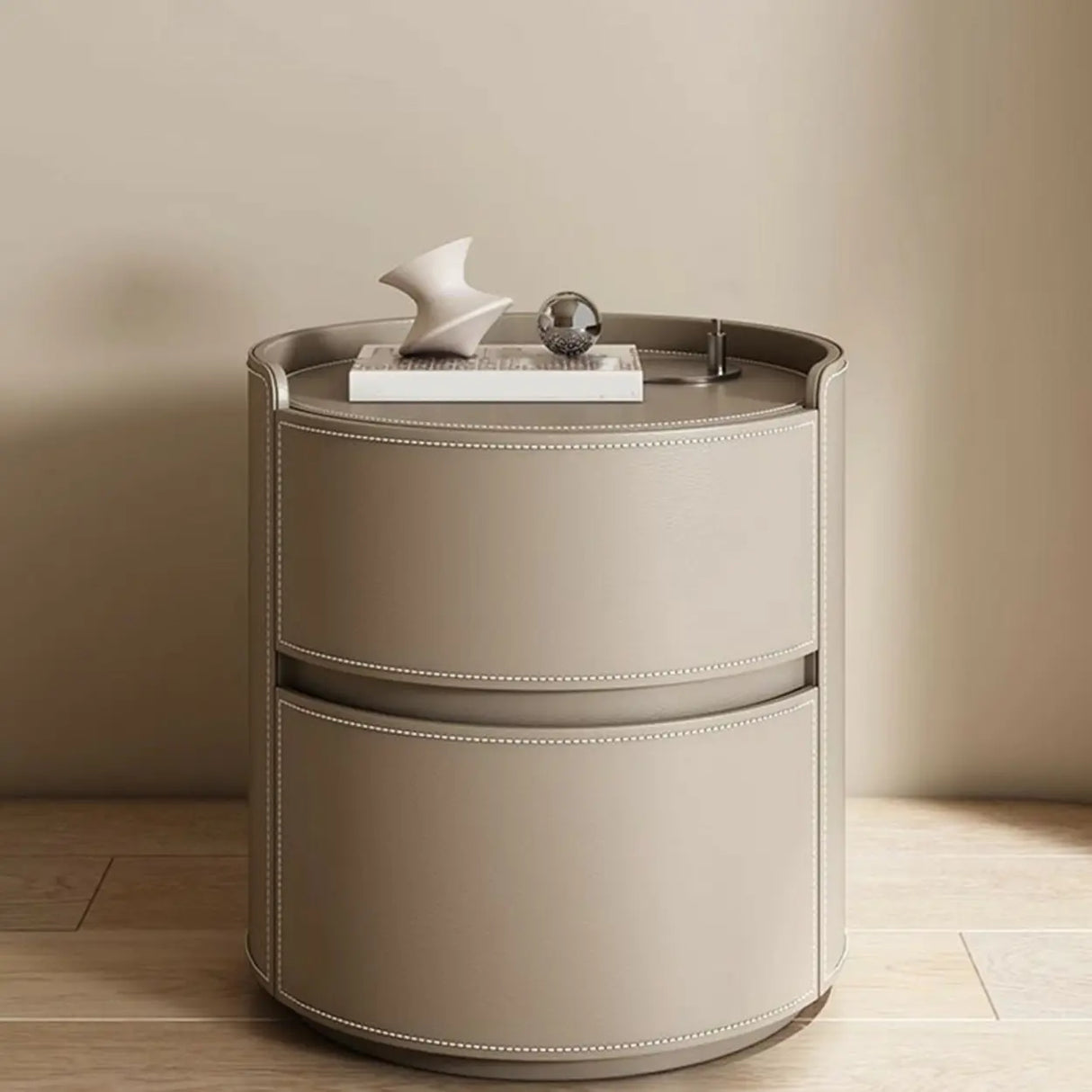 Simple Round Wood Off-White Drawer Storage Nightstand Image - 6