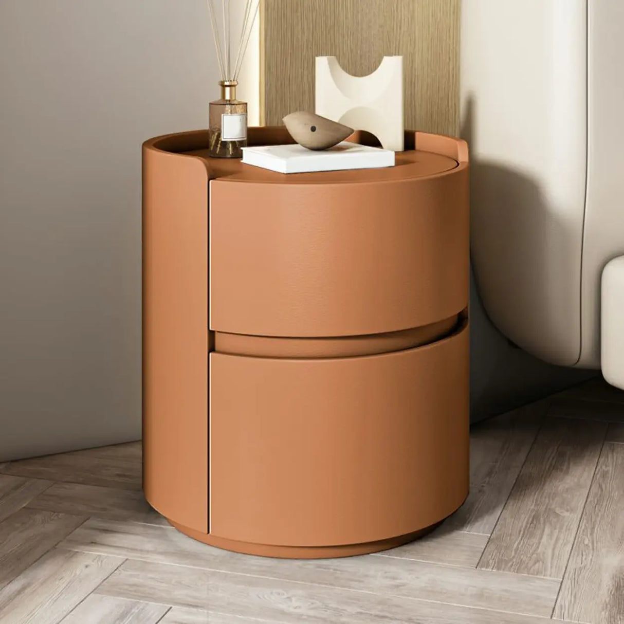 Simple Round Wood Off-White Drawer Storage Nightstand Image - 7