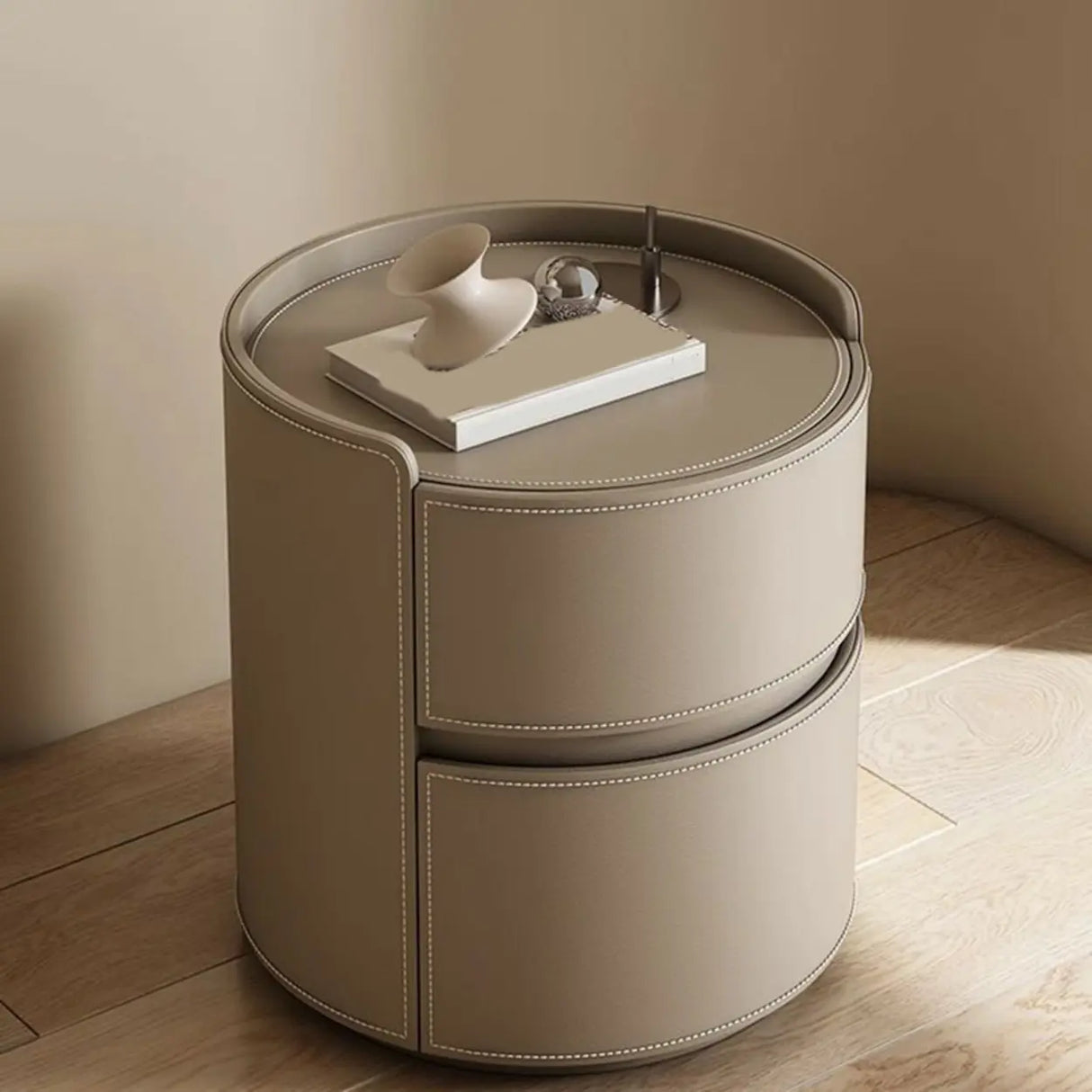 Simple Round Wood Off-White Drawer Storage Nightstand Image - 8