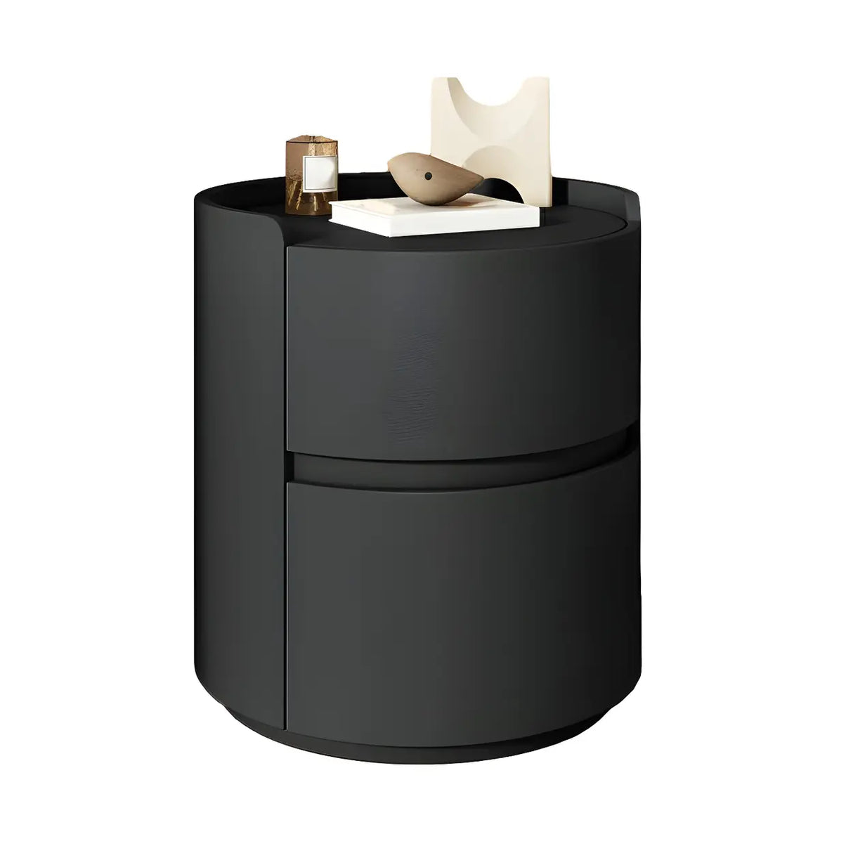 Simple Round Wood Off-White Drawer Storage Nightstand Image - 9