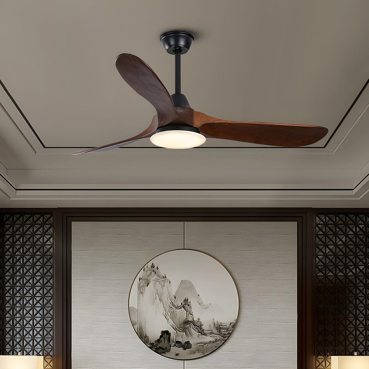 Simple Solid Wood 3 Blade Walnut Ceiling Fan with Light Image - 1