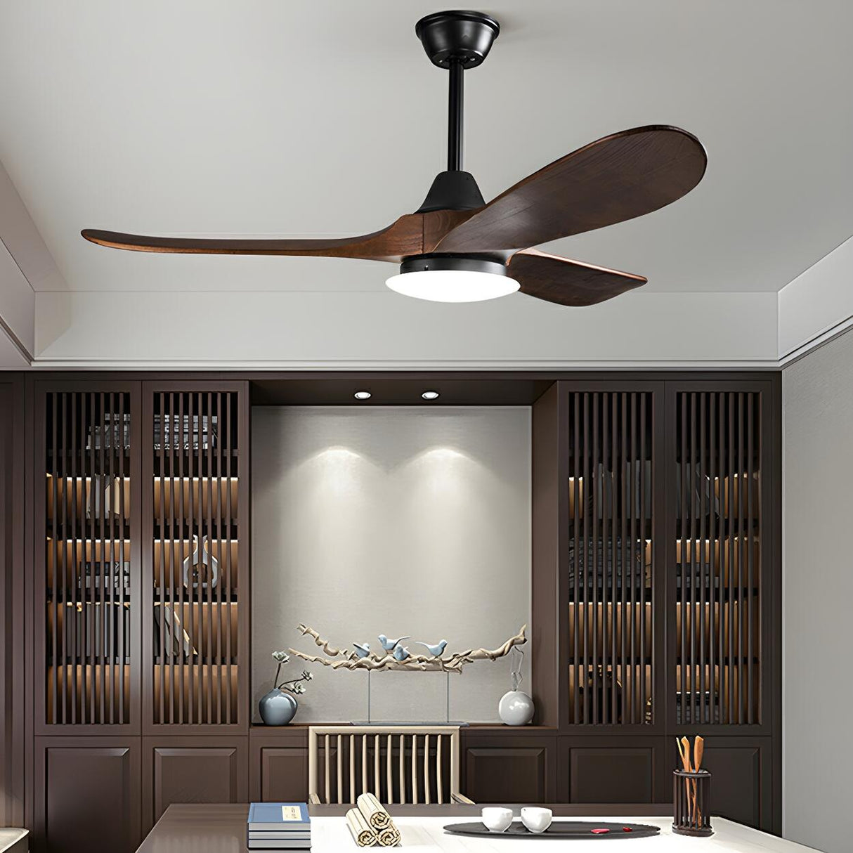Simple Solid Wood 3 Blade Walnut Ceiling Fan with Light Image - 3