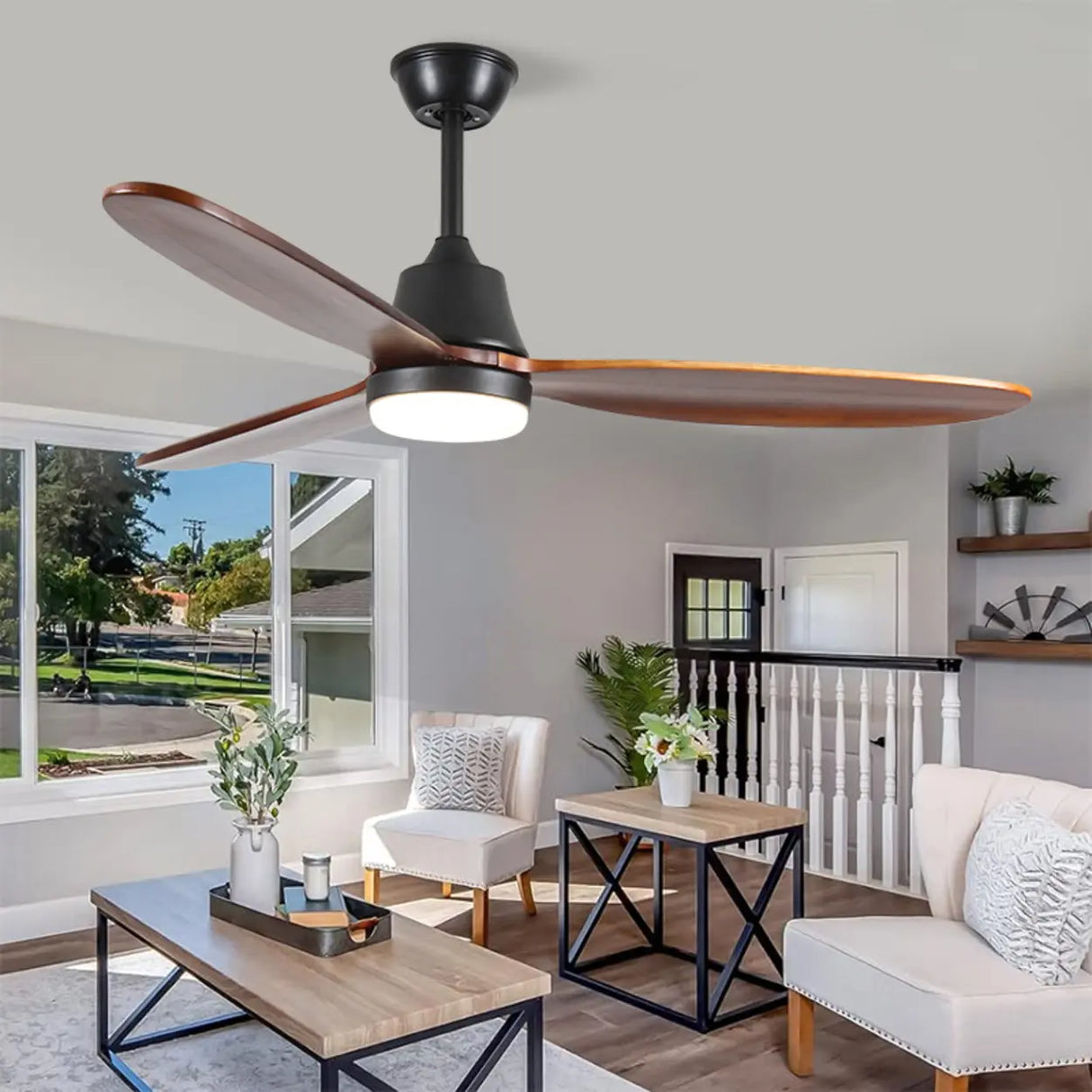 Simple Solid Wood 3 Blades Ceiling Fan with LED Light Image - 1