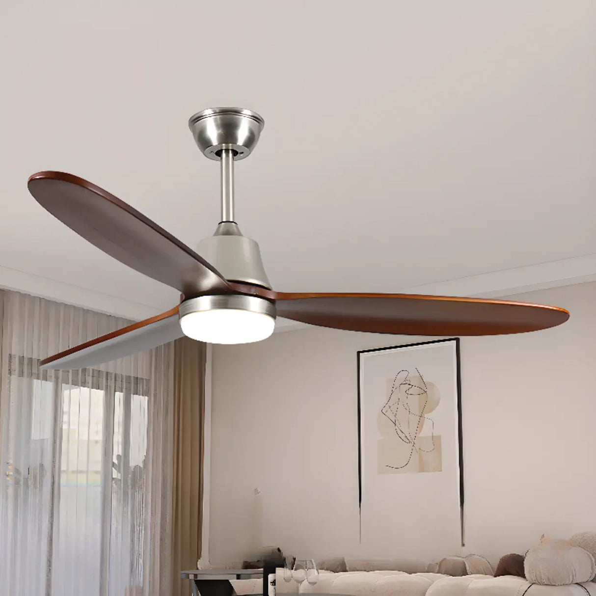 Simple Solid Wood 3 Blades Ceiling Fan with LED Light Image - 2