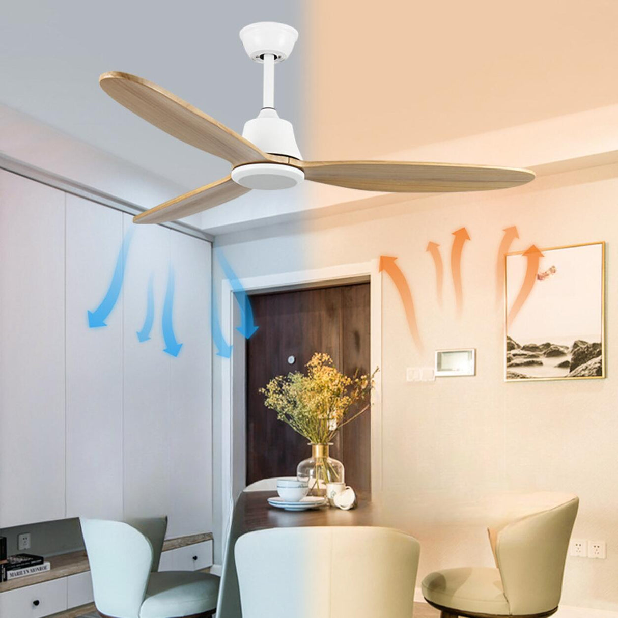Simple Solid Wood 3 Blades Ceiling Fan with LED Light Image - 3
