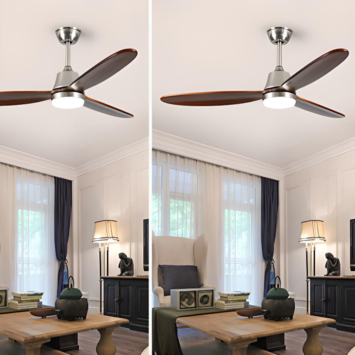 Simple Solid Wood 3 Blades Ceiling Fan with LED Light Image - 4