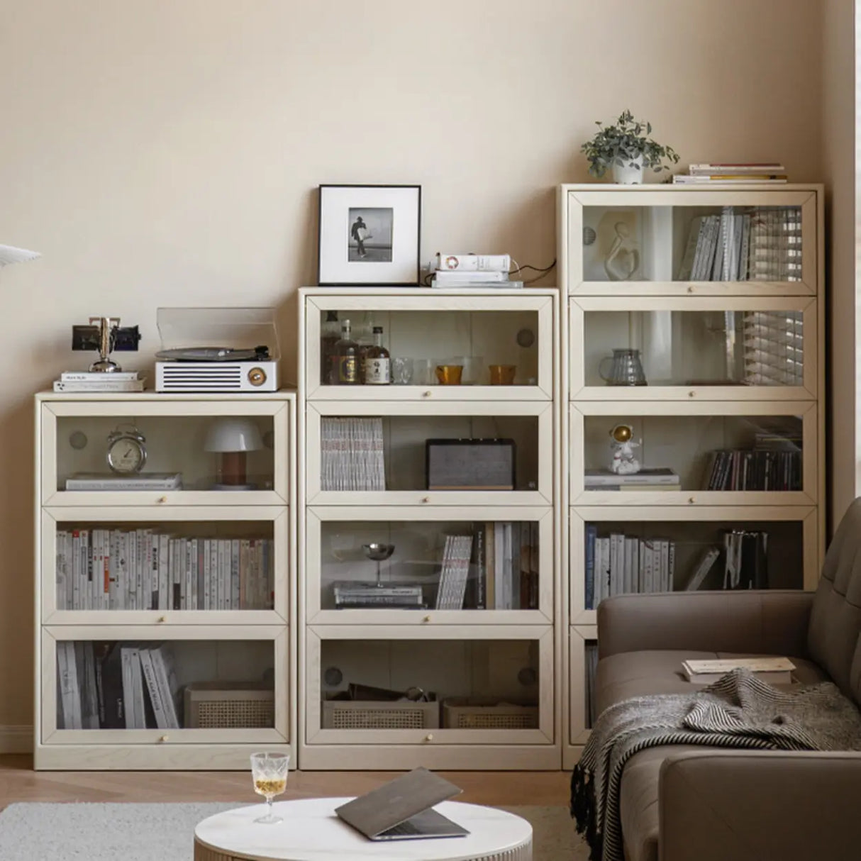 Simple Tiered Glass Beige Wood Barrister Bookcases Image - 1