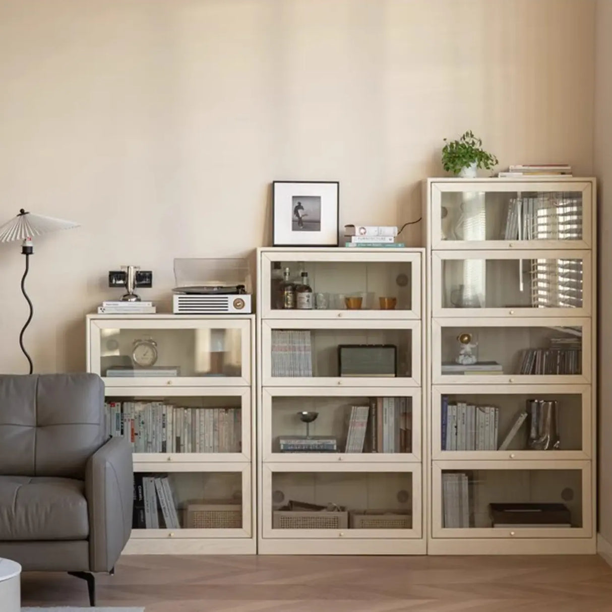 Simple Tiered Glass Beige Wood Barrister Bookcases Image - 3