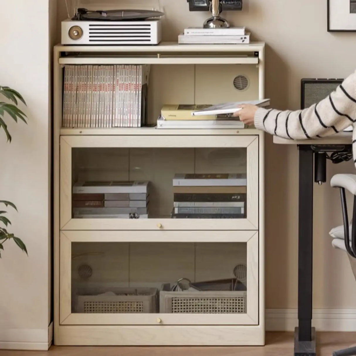 Simple Tiered Glass Beige Wood Barrister Bookcases Image - 6