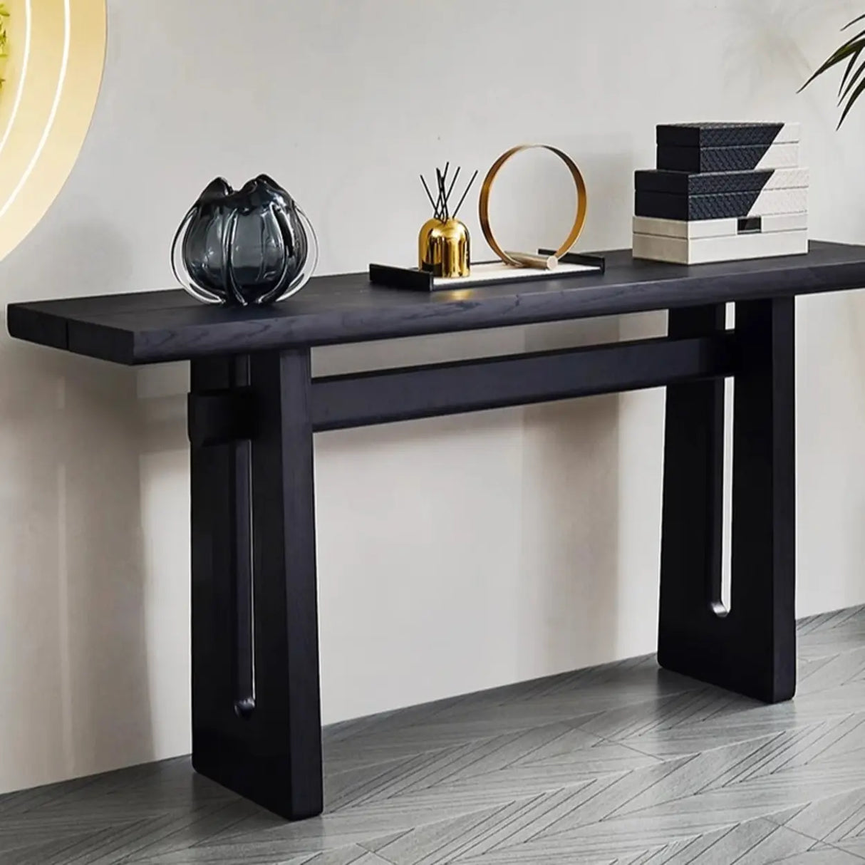 Simple Trestle Timber Black Rectangular Top Console Table Image - 1