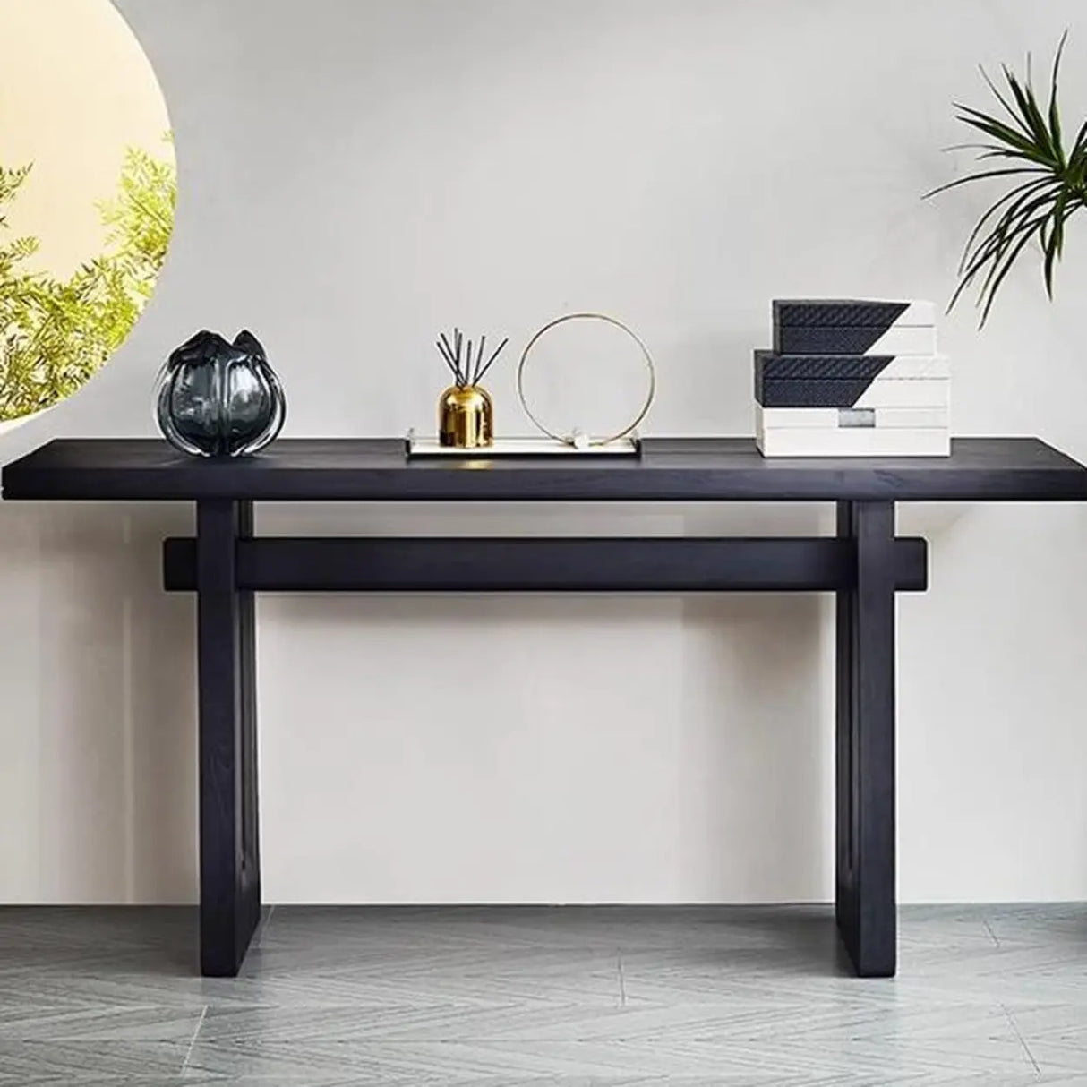Simple Trestle Timber Black Rectangular Top Console Table Image - 2